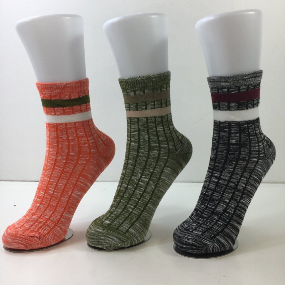 Womens Crew Socks Set 3 Stripes Marled Pattern Orange Green Black White